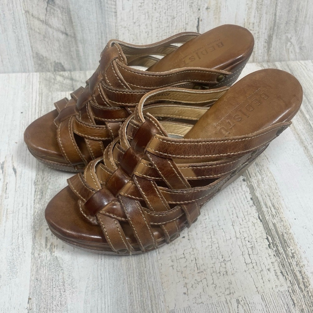 Bed Stu Brown Woven Leather Wedge Sandals